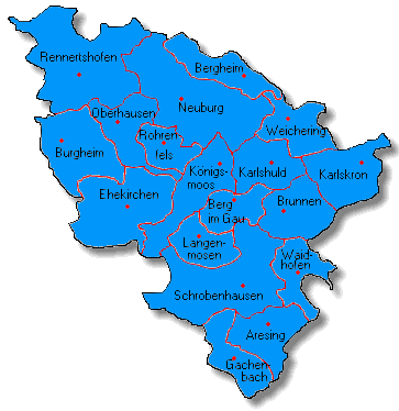 Karte des Landkreises Neuburg-Schrobenhausen mit Links zu den Homepages der Landkreisgemeinden